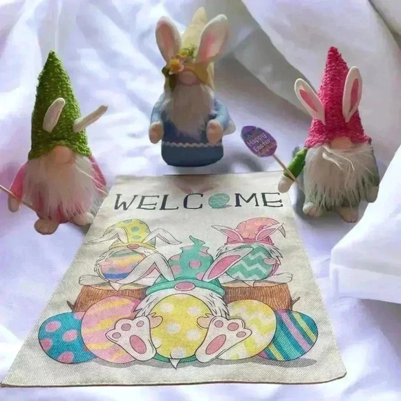 Adorable gnome-themes Easter decor.  Three gnomes and a 9 by 12 garden flag - Picture 1 of 10